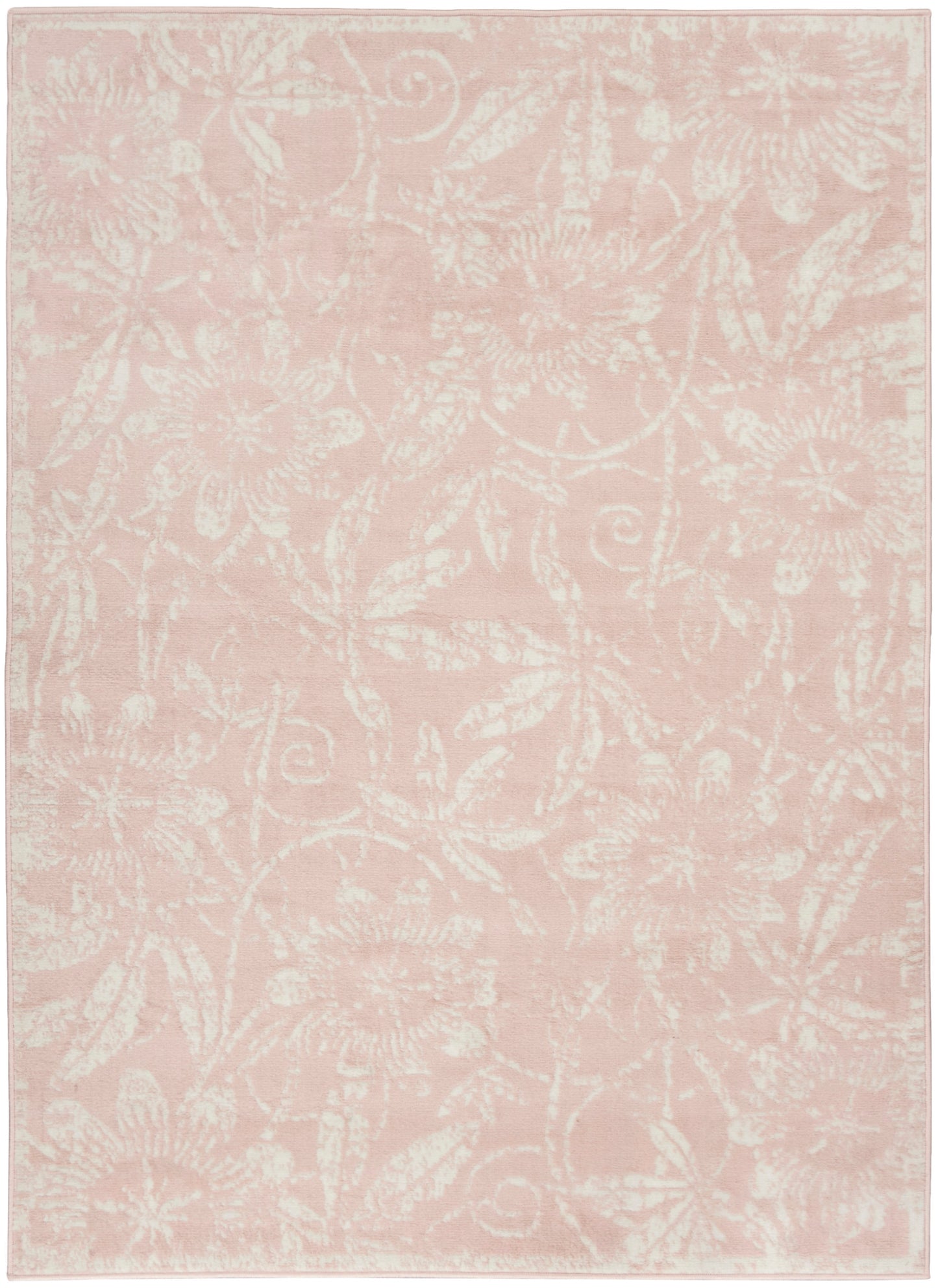 Soft pink rug with delicate white floral damask pattern and pale border.