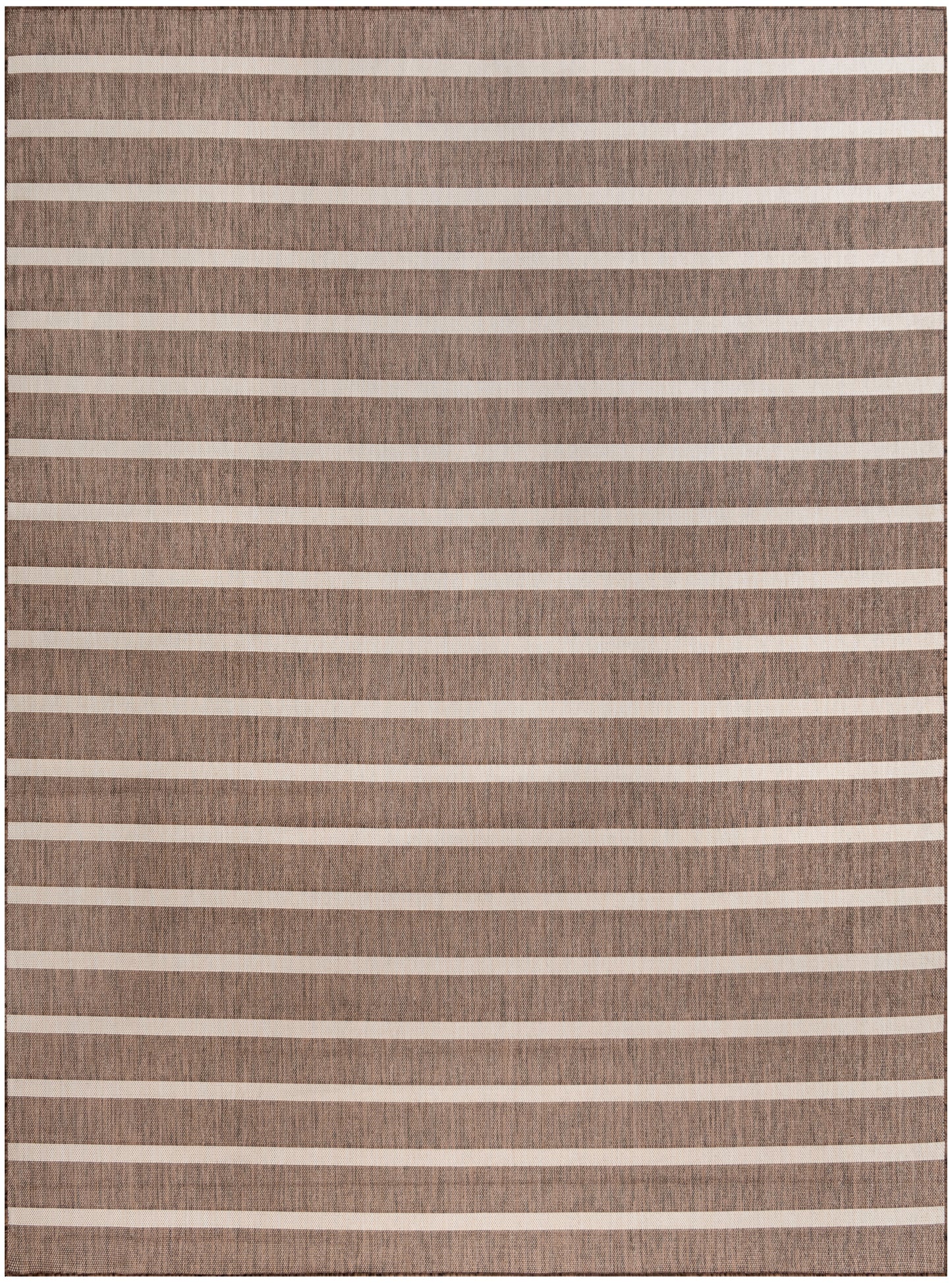Rectangular textured rug in brown taupe with cream horizontal stripes; modern casual living room style.