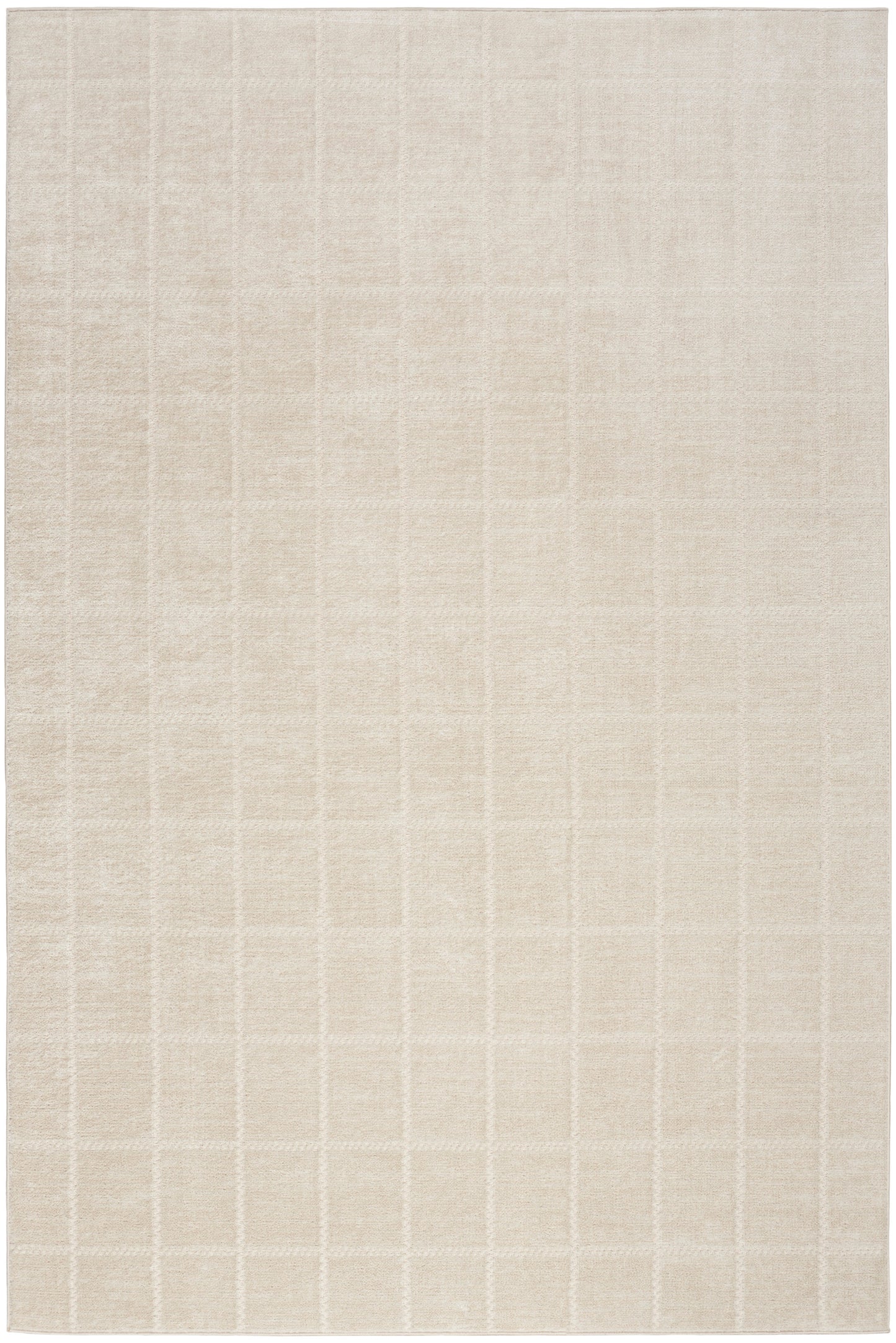Beige rectangular rug with a subtle cream grid pattern and soft textured pile, 5' x 7'.