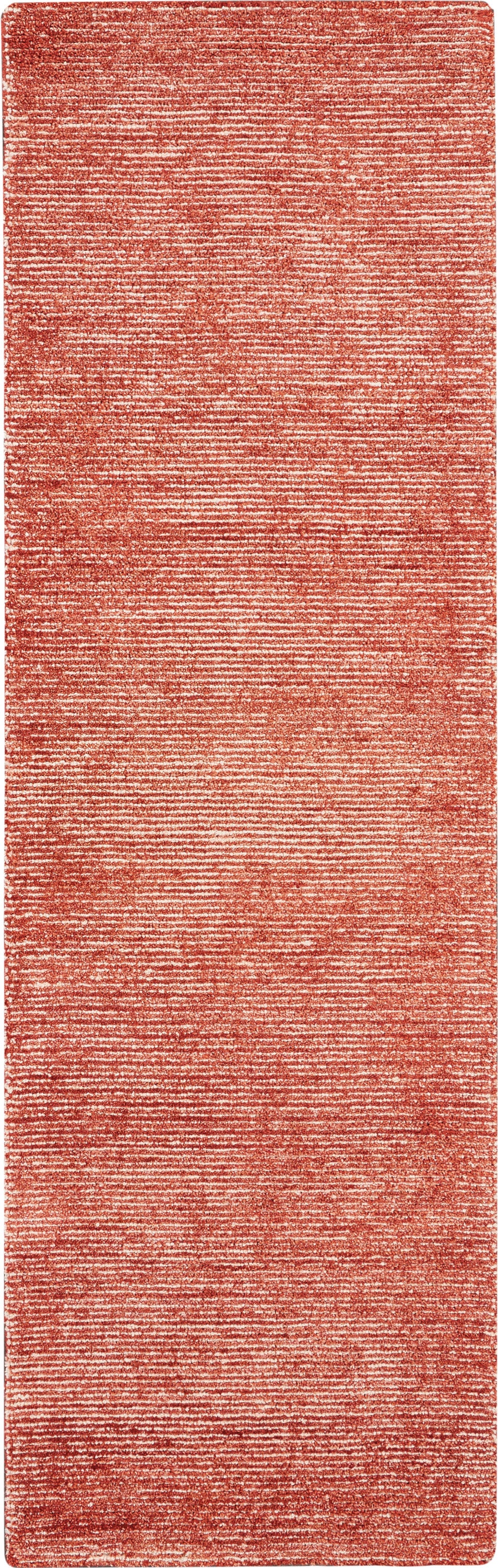 Coral red woven rug runner with textured, heathered stripes; long rectangular hallway rug.