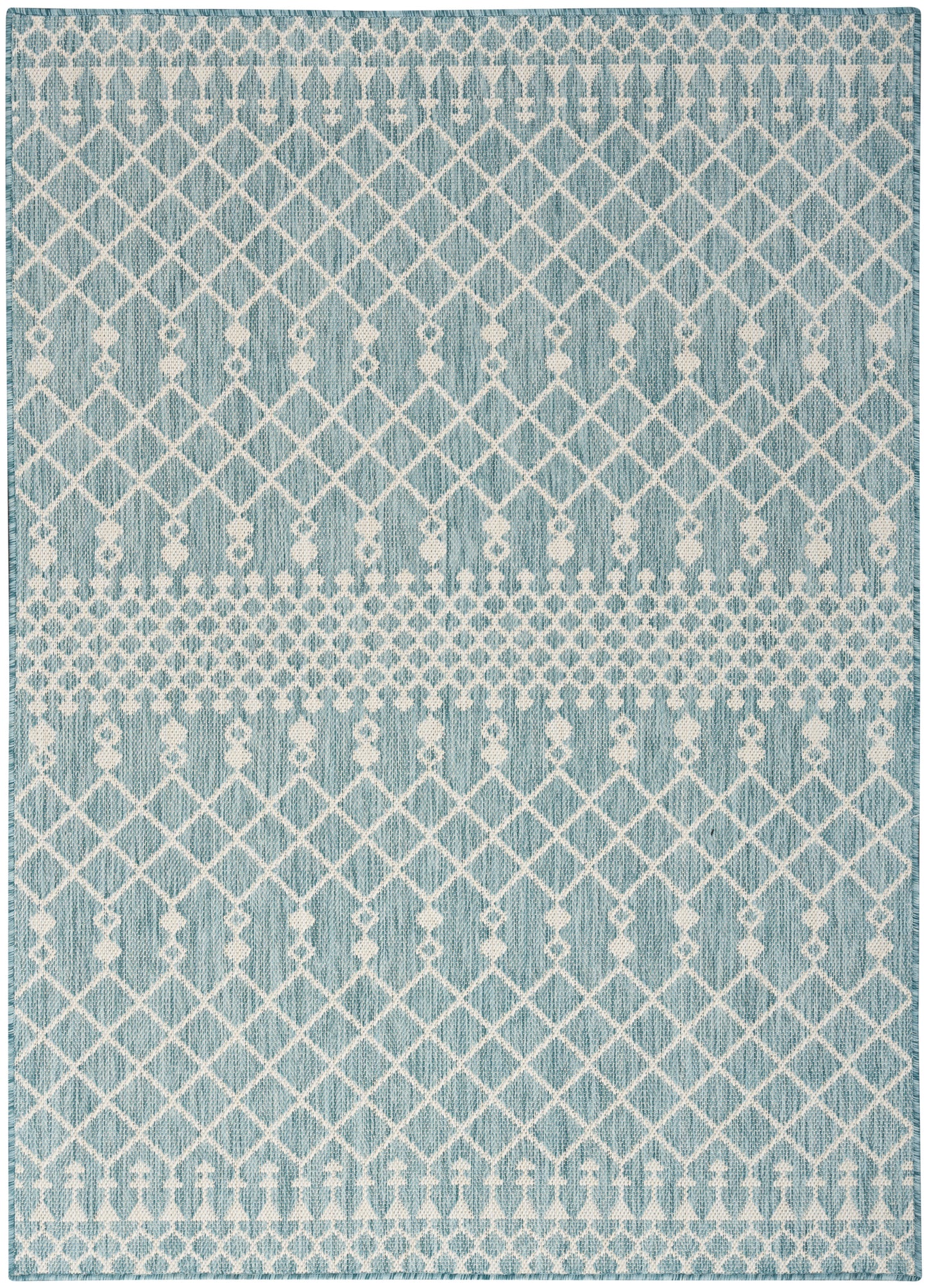 Blue woven rug with white lattice diamonds and dotted bands; rectangular, modern decor.