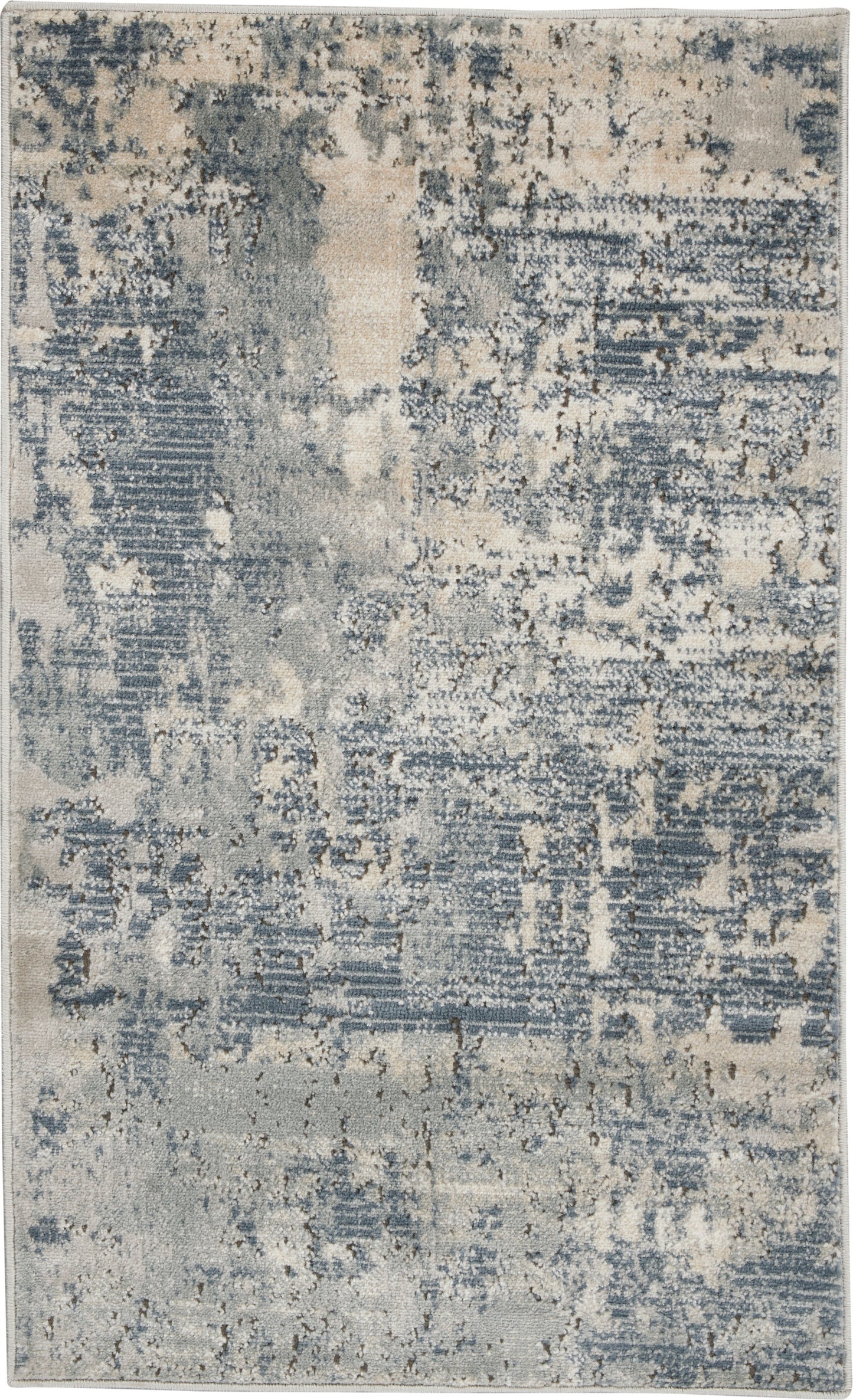 Rectangular rug with abstract distressed blue-gray pattern; soft pile, modern/contemporary style for living room.