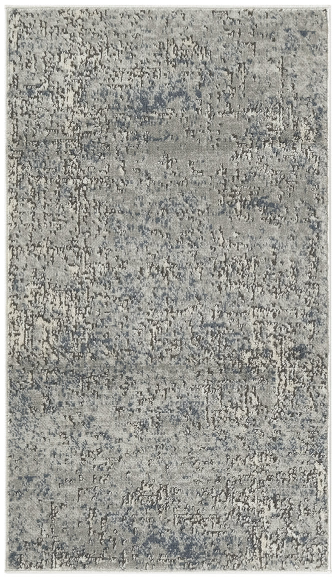 Gray distressed abstract area rug with muted blue-gray tones and a textured surface.