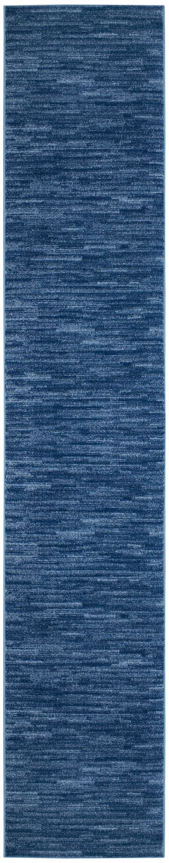 blue textured outdoor runner rug in varied blue tones; rectangular woven style for outdoor spaces