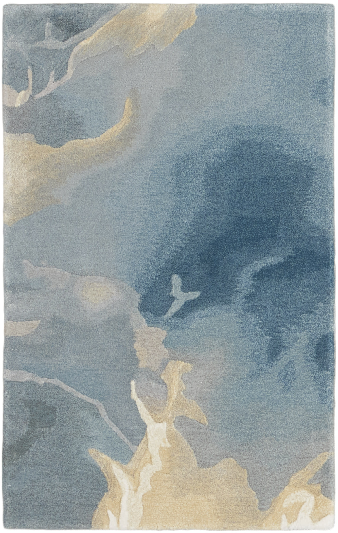 Rectangular abstract rug in blue tones with beige cream cloud-like shapes; watercolor-inspired design.