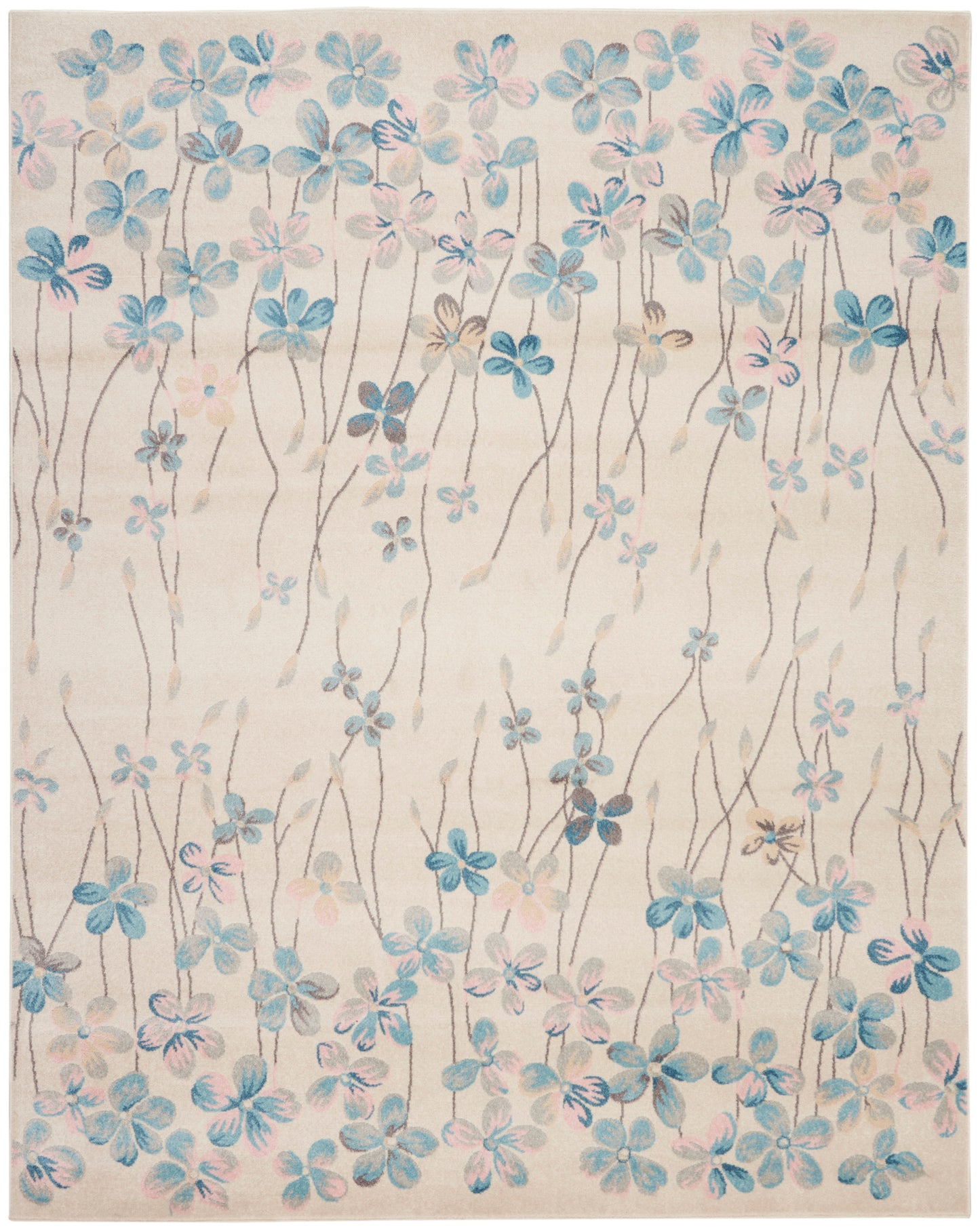Beige area rug with blue and pink watercolor flowers on slender stems, airy botanical pattern for living room decor.