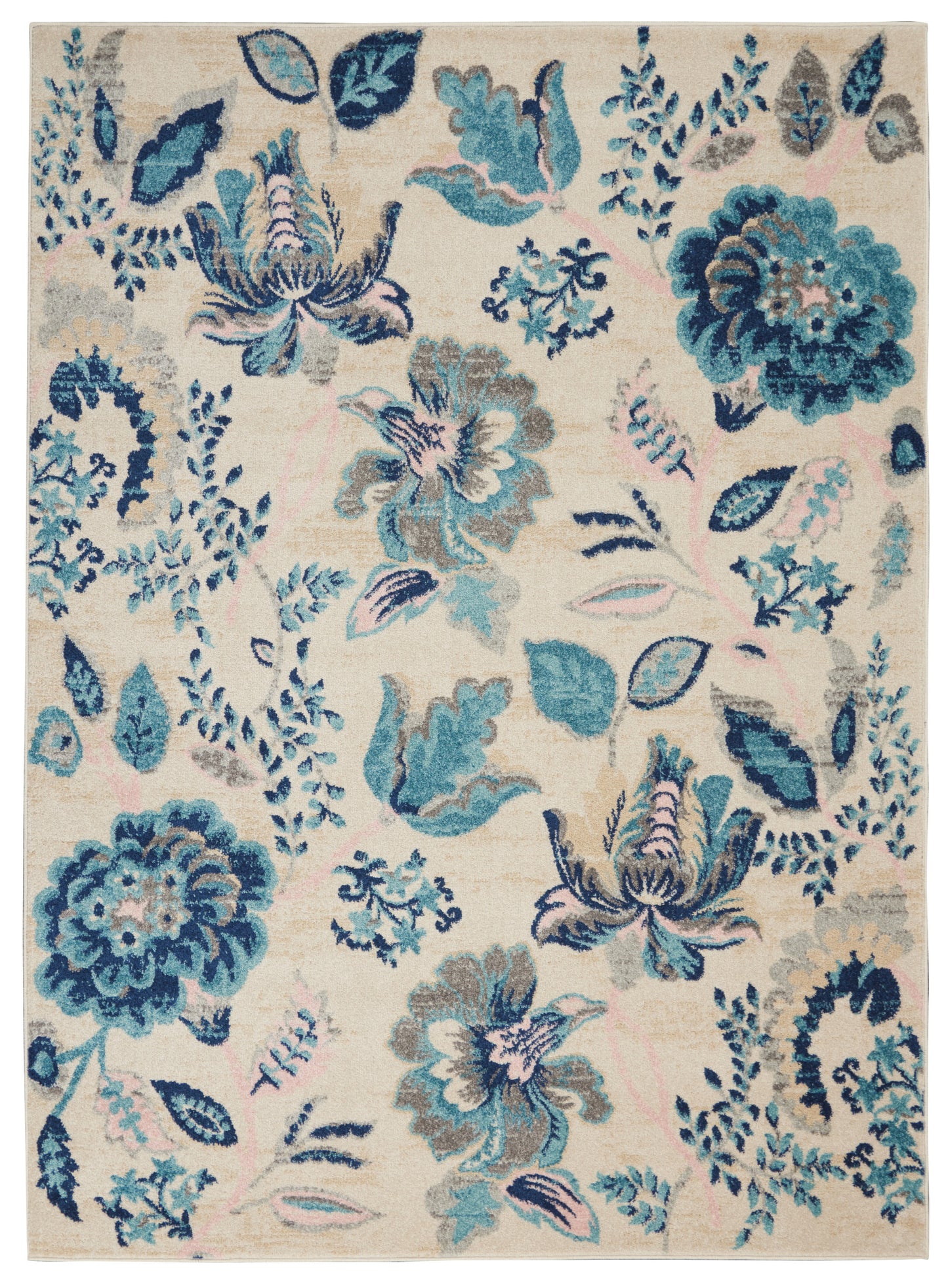 Rectangular cream area rug with blue and teal floral bouquet pattern; plush textile, traditional botanical design.