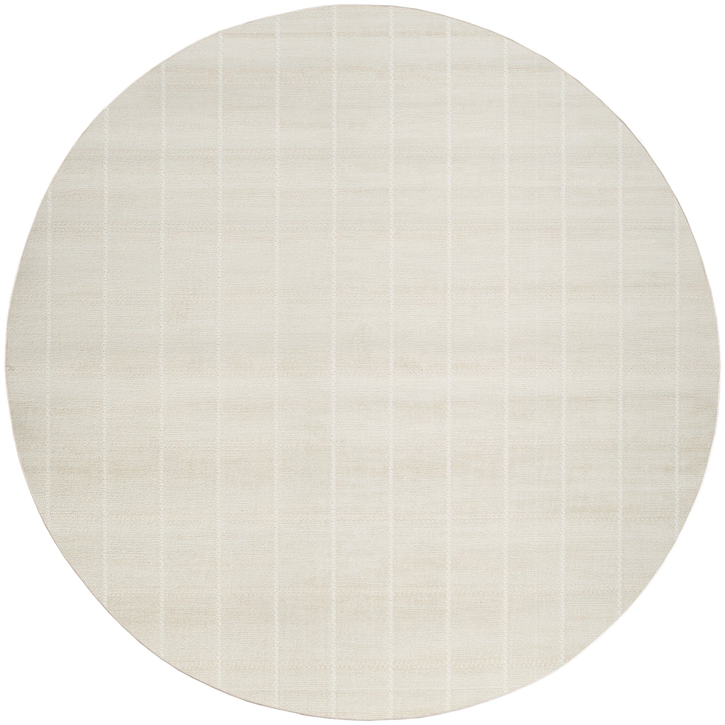 Beige round rug with subtle vertical grid pattern and soft woven texture.