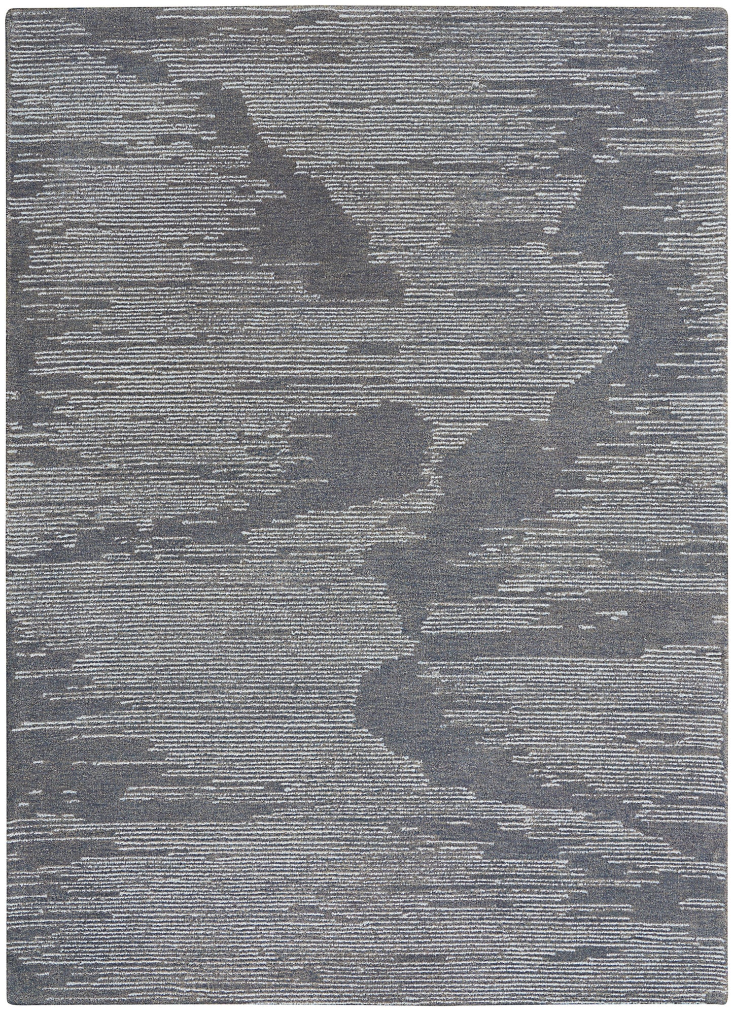 Rectangular gray area rug with abstract darker shapes and fine horizontal striations; modern woven texture.