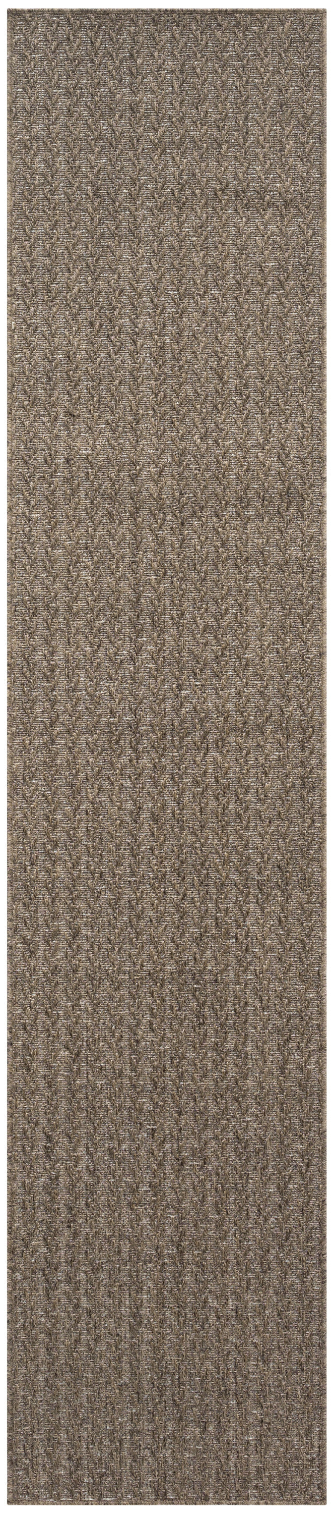 Neutral brown woven runner rug with subtle herringbone texture and mottled, soft fibers.