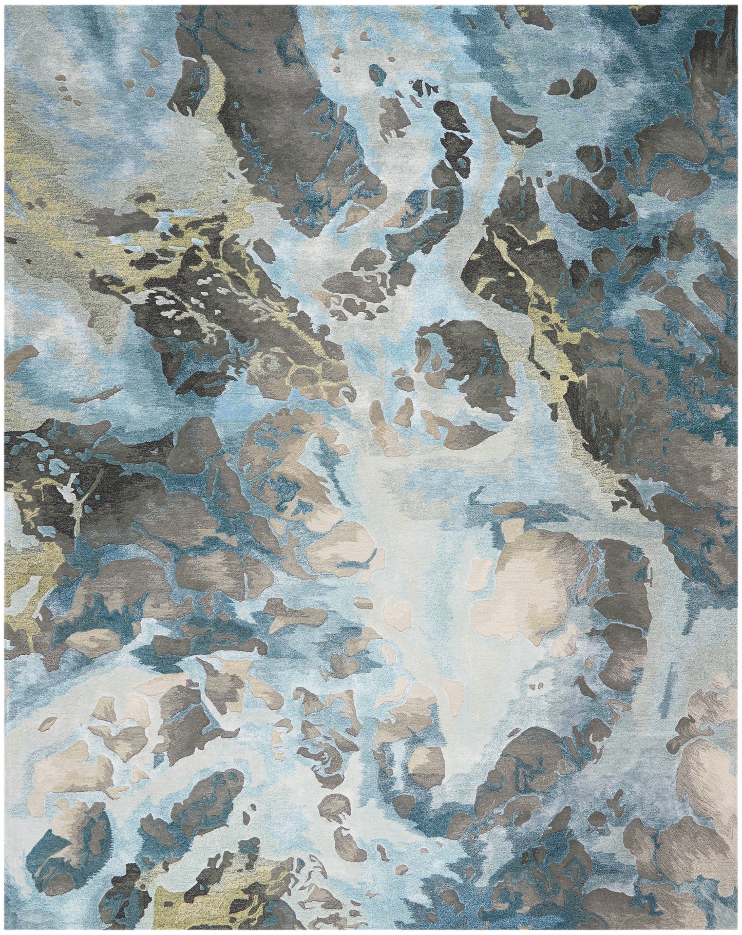 Abstract blue-gray area rug with marbled beige, olive and charcoal shapes in a flowing watercolor pattern.