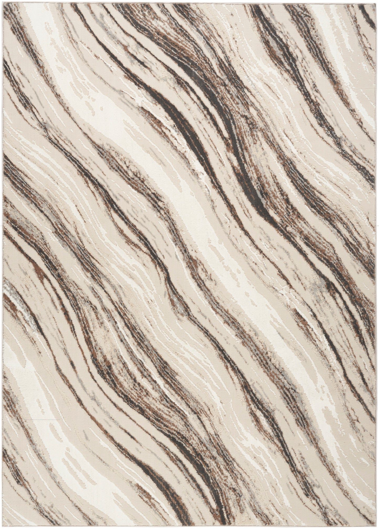 Neutral beige area rug with cream and brown wavy, marble-like stripes; abstract floor decor.