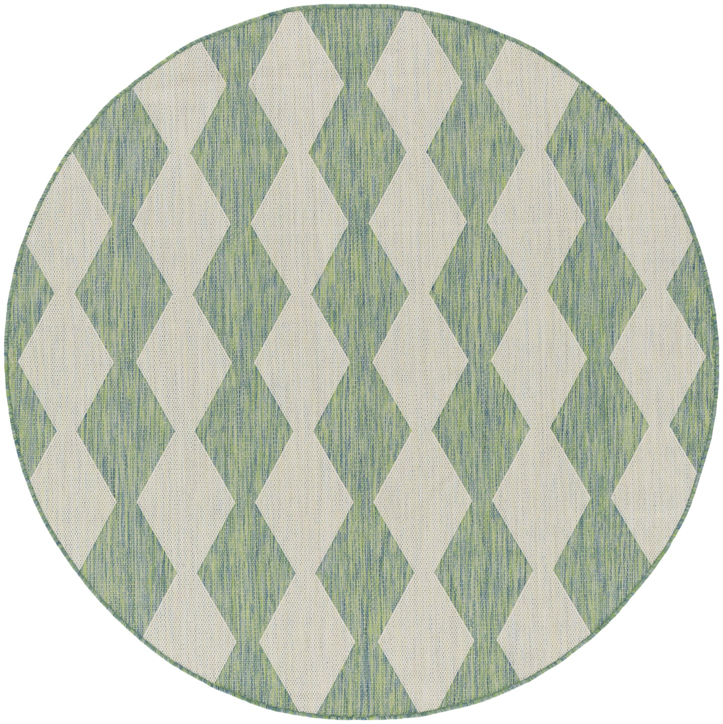 Round rug with beige diamonds on a green textured background and a thin green border.