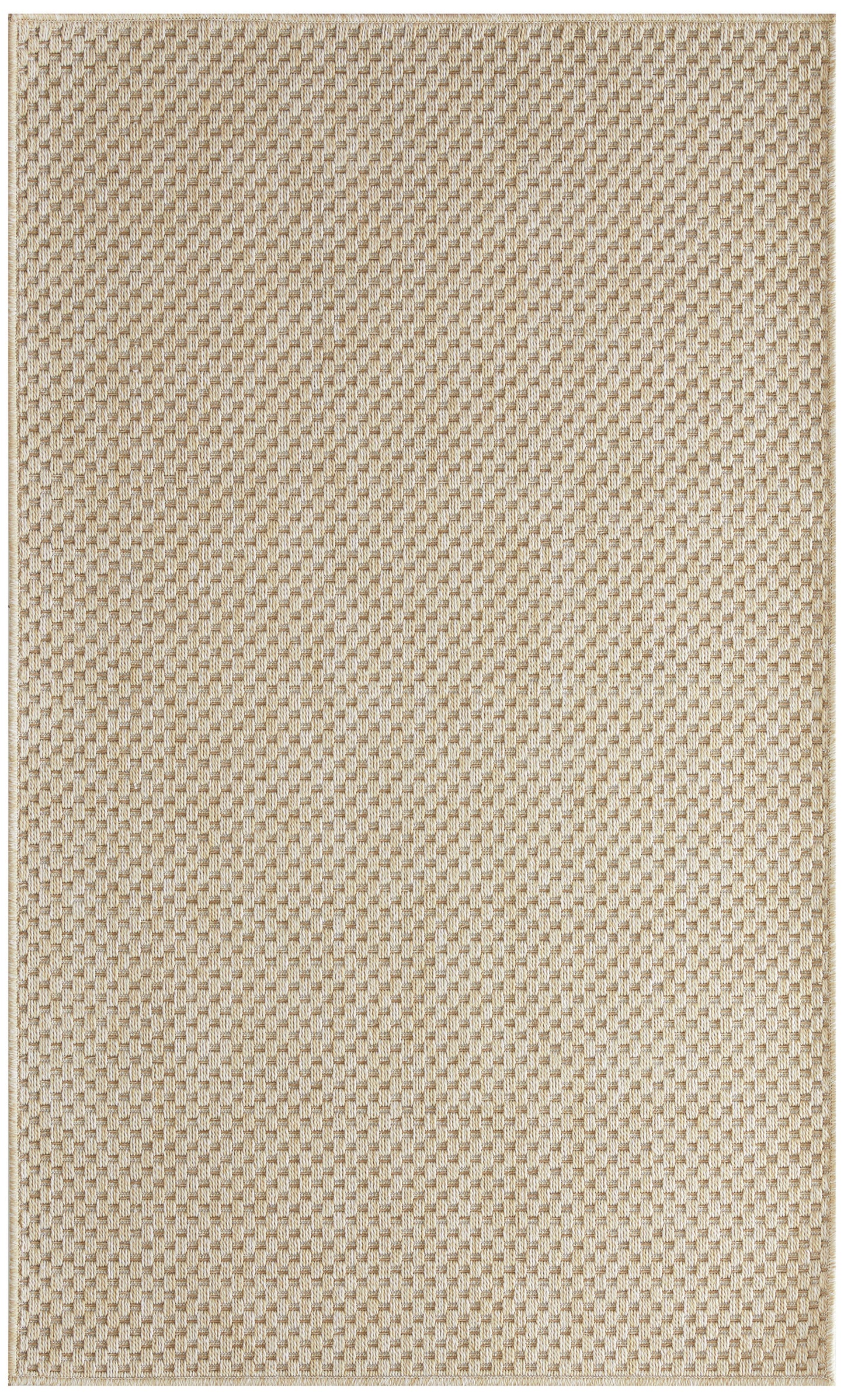 Beige outdoor woven jute rug, rectangular, natural fiber with subtle checkerboard texture.