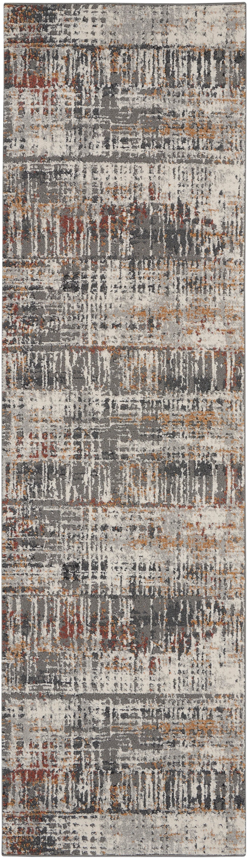 Rectangular abstract runner rug in gray, cream, rust and orange with a distressed pattern for modern living spaces.