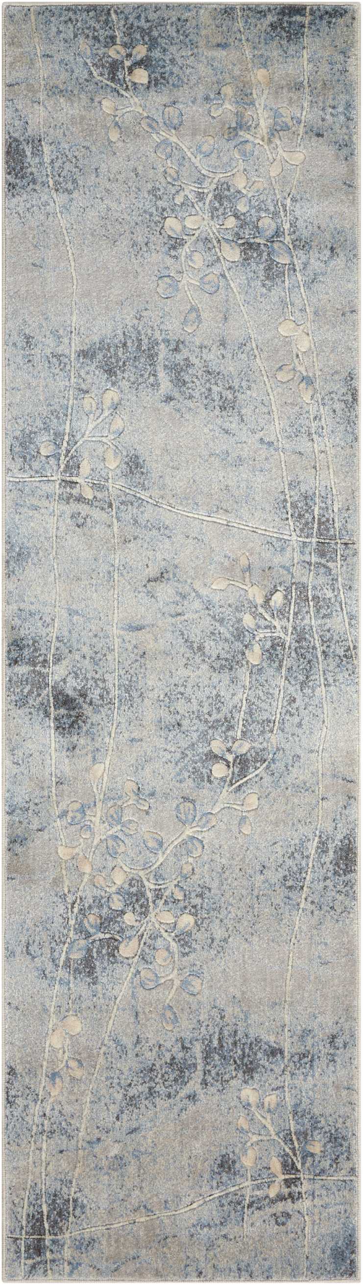 Blue-gray distressed runner rug with white vine and leaf pattern, long narrow rectangle for hallway.