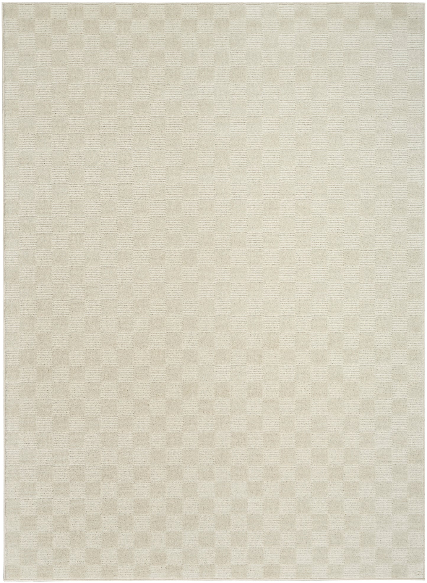 Beige textured area rug with a subtle checkerboard weave and soft cream tones.