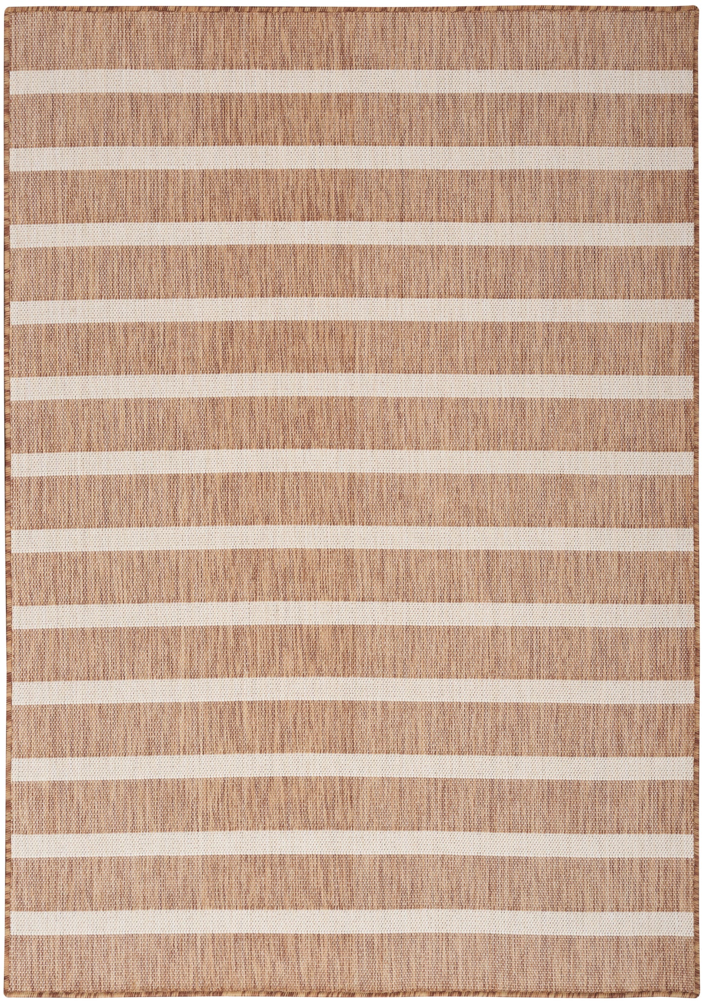 Beige woven area rug with evenly spaced ivory horizontal stripes.