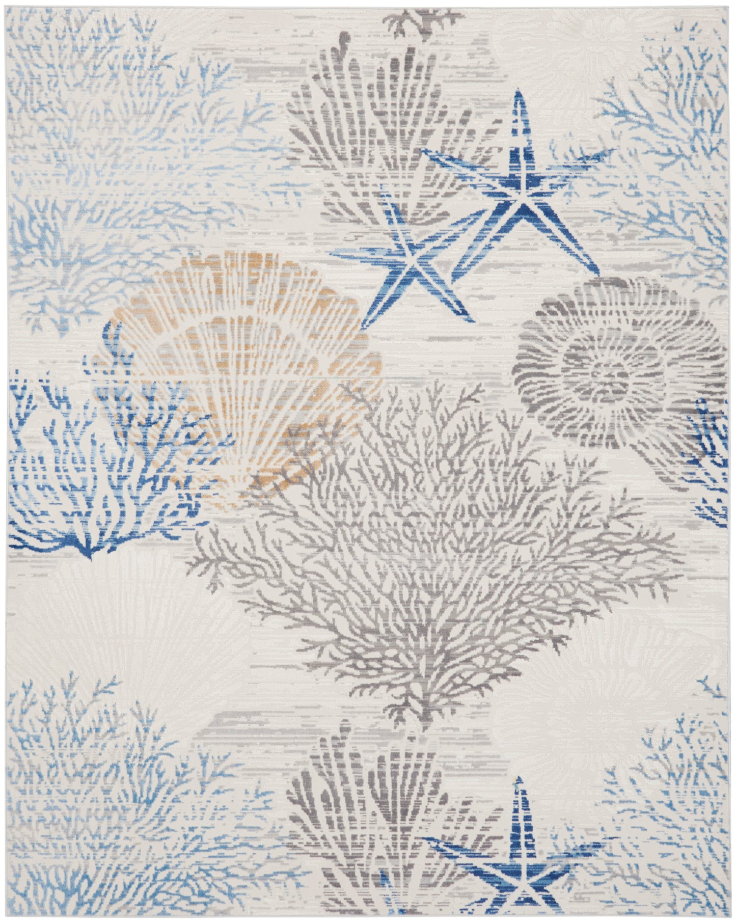 Rectangular nautical rug with coral and starfish motifs in blue, gray and beige on ivory background.