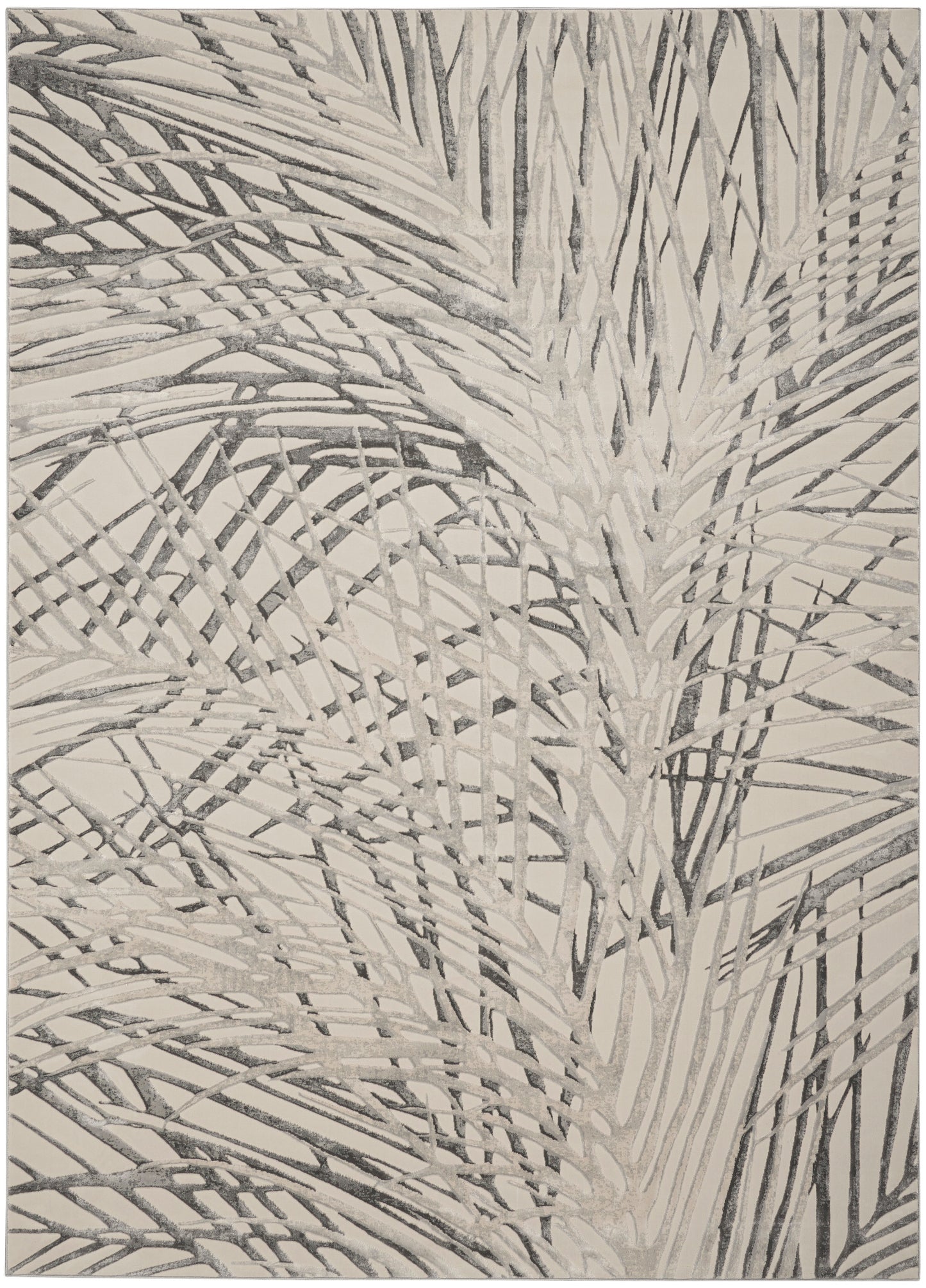 Beige and gray abstract palm-leaf rug with soft woven texture, neutral decor for living spaces.