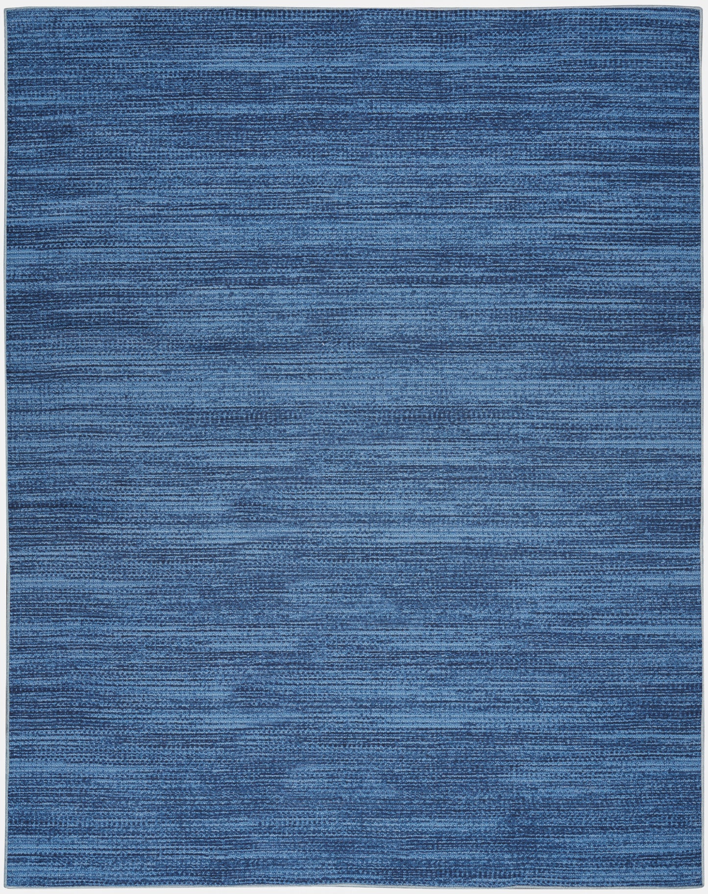 Blue flatweave rug with subtle dark and light horizontal stripes.