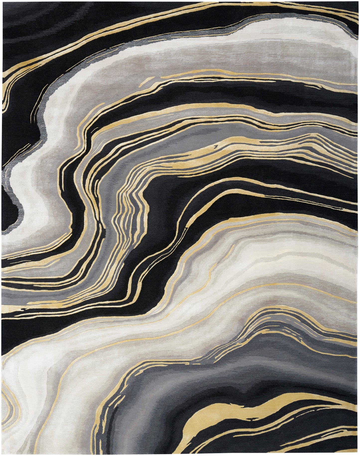 Abstract geode-style area rug with black, gray, cream and gold bands, wavy concentric lines.