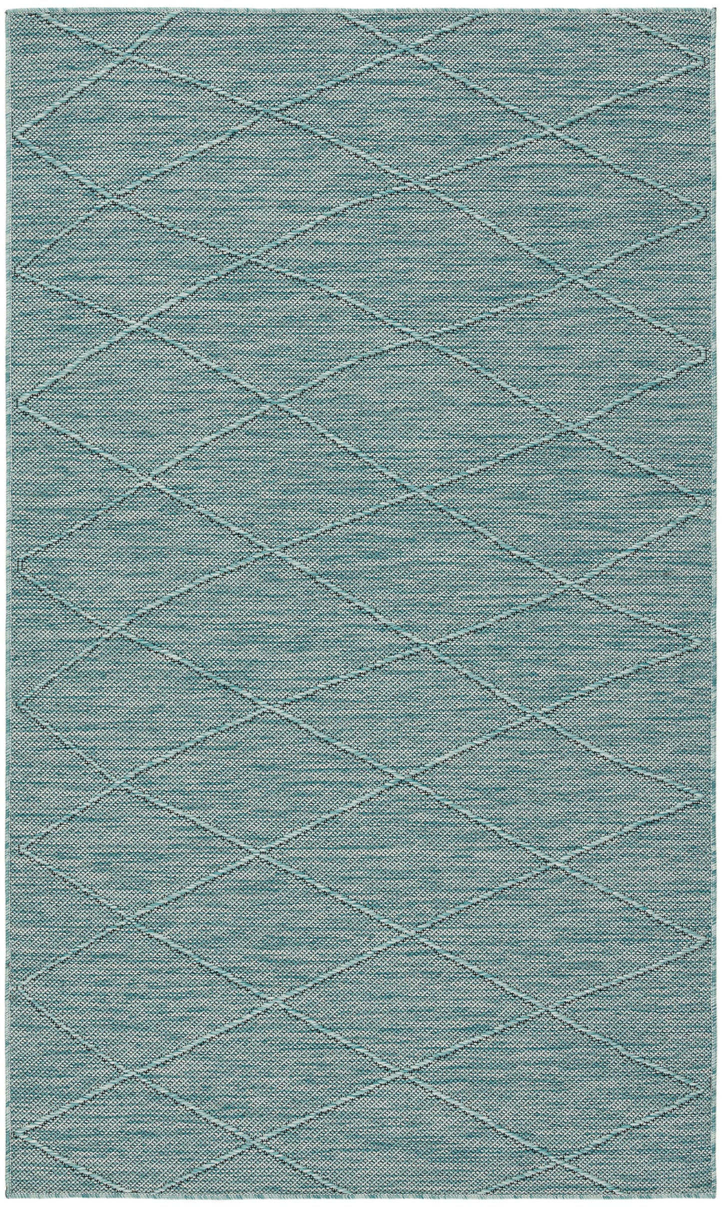 Teal-blue rectangular rug with a subtle diagonal diamond lattice stitched pattern on a soft woven surface; modern neutral decor.