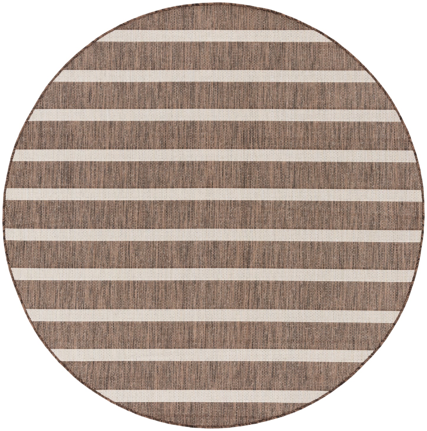 Round woven rug with natural brown and cream horizontal stripes and a textured surface.