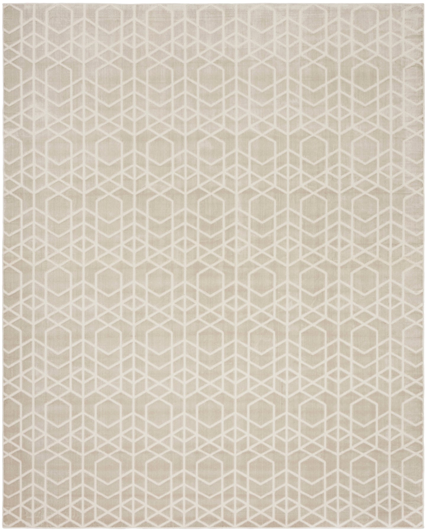 Beige rug with a pale white interlocking cube geometric pattern for a modern minimalist look, 8' x 10'.
