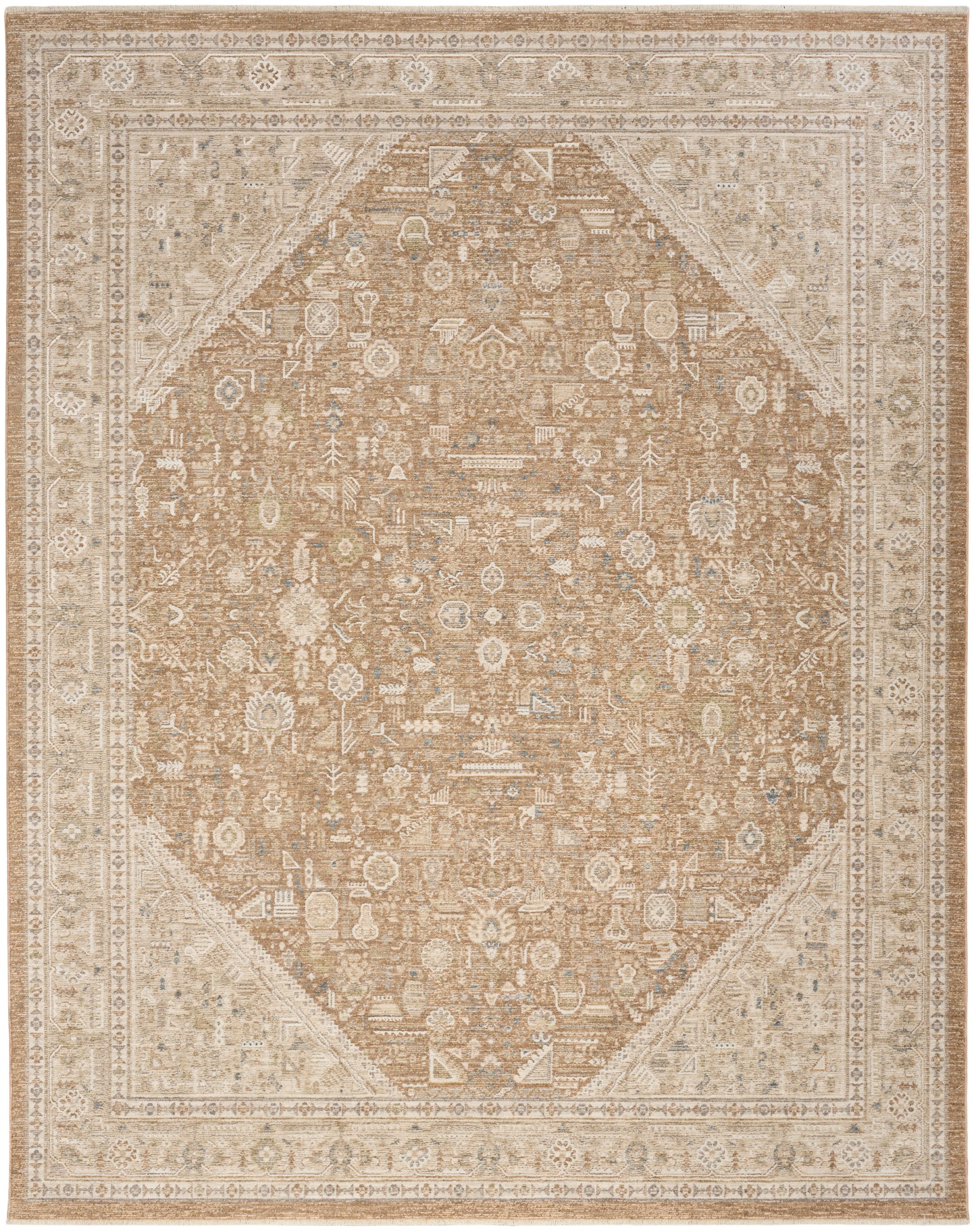Distressed beige oriental rug with muted floral and geometric motifs, tan border, warm neutral tones.