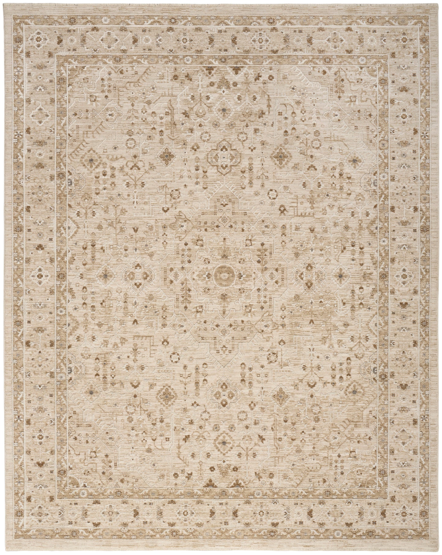 Beige cream-toned oriental area rug with subtle antique medallion design and decorative border.