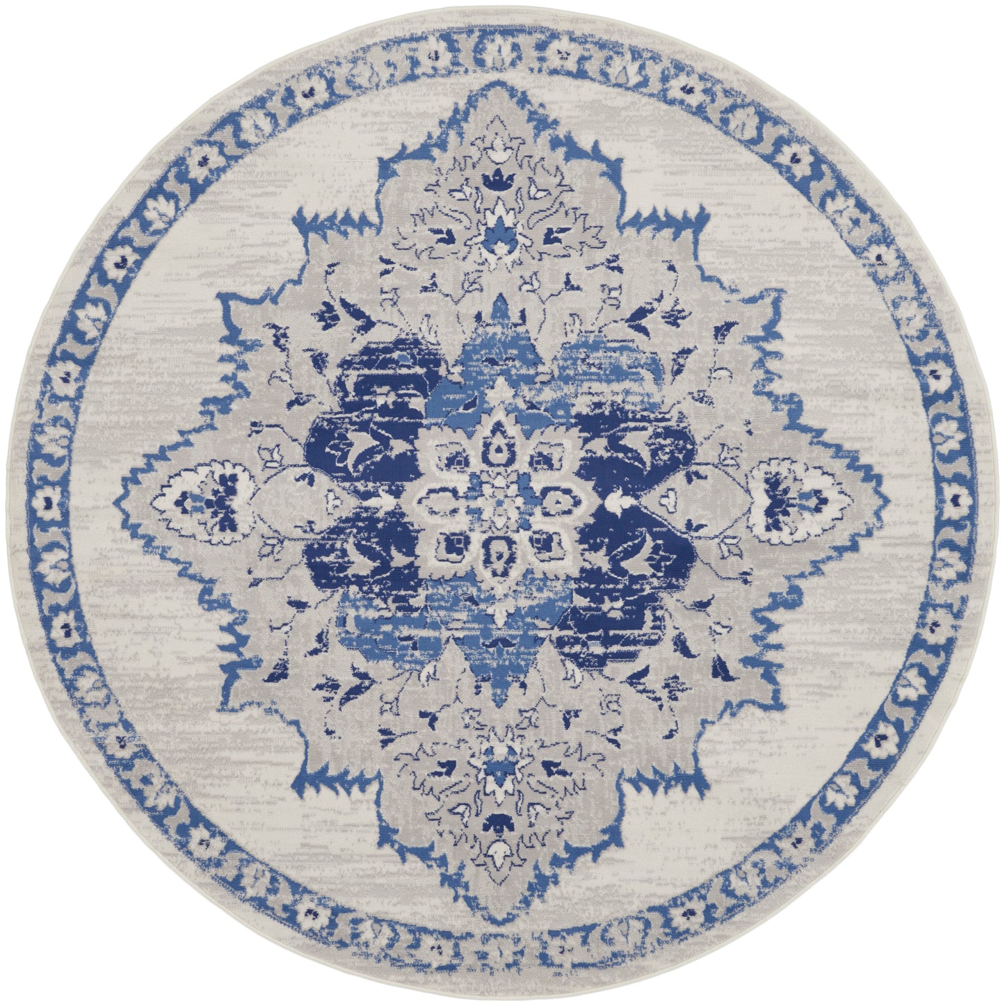 Round beige area rug with blue intricate medallion design and border, oriental/traditional style.