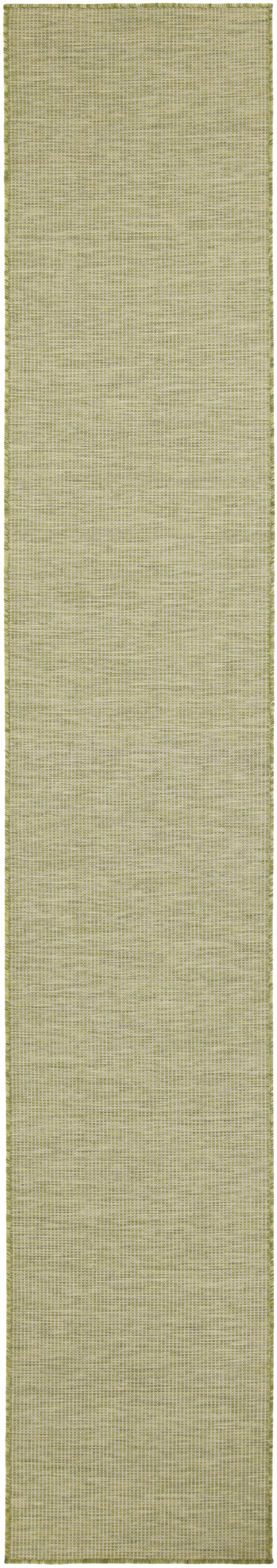 Olive-green woven rug runner with subtle grid-like texture & narrow border.