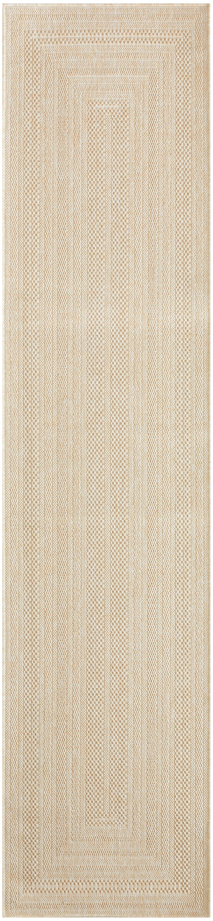 Beige textured woven hallway runner rug with concentric rectangular borders; neutral decor.