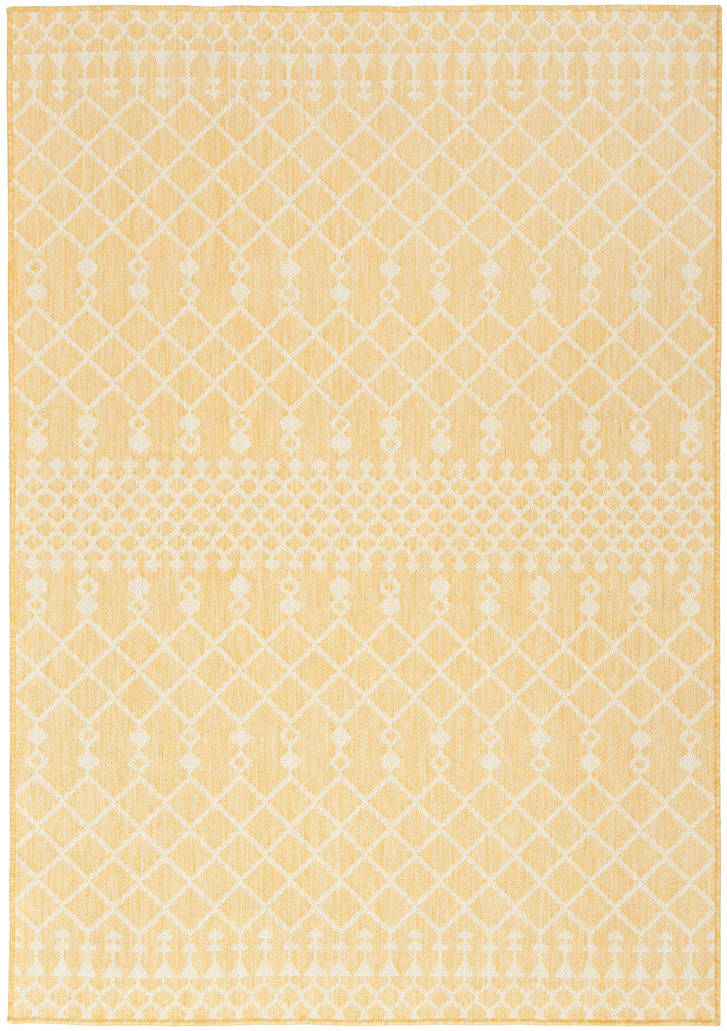 Yellow woven rug with white lattice diamond pattern and dotted borders; rectangular home decor.