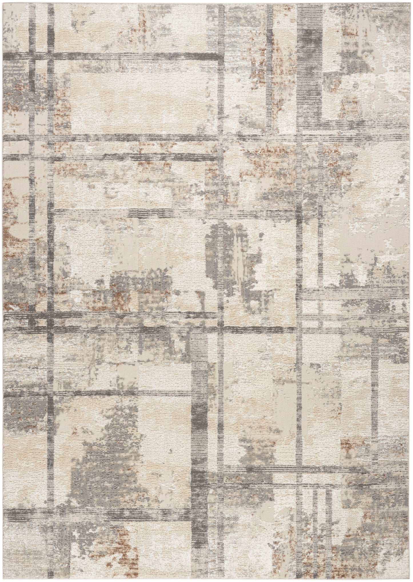 Rectangular beige and gray abstract area rug with gridlines pattern and textured blocks; modern, neutral.