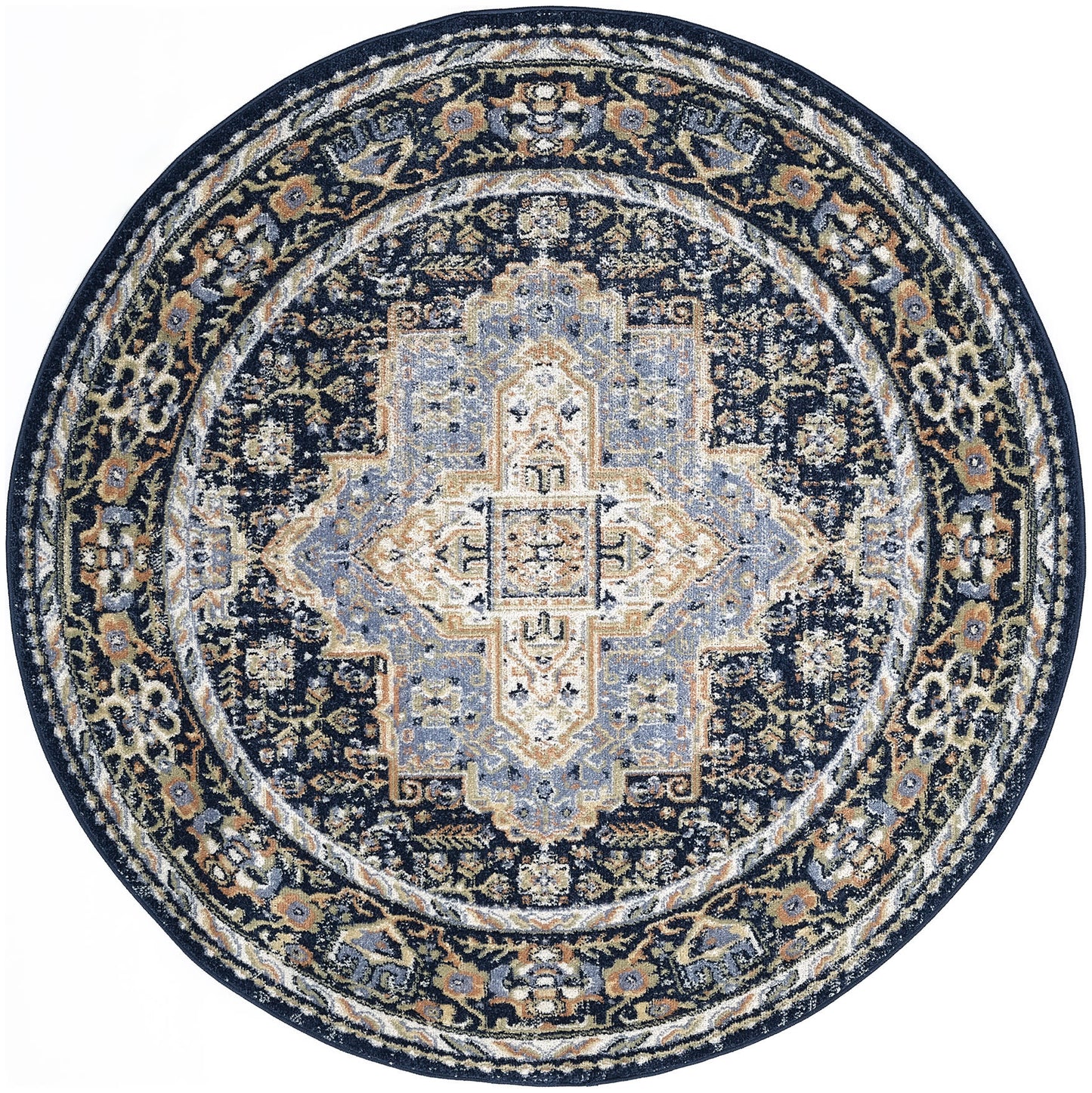 Round oriental rug with intricate light blue, cream and gold central medallion on a dark navy field, floral border.