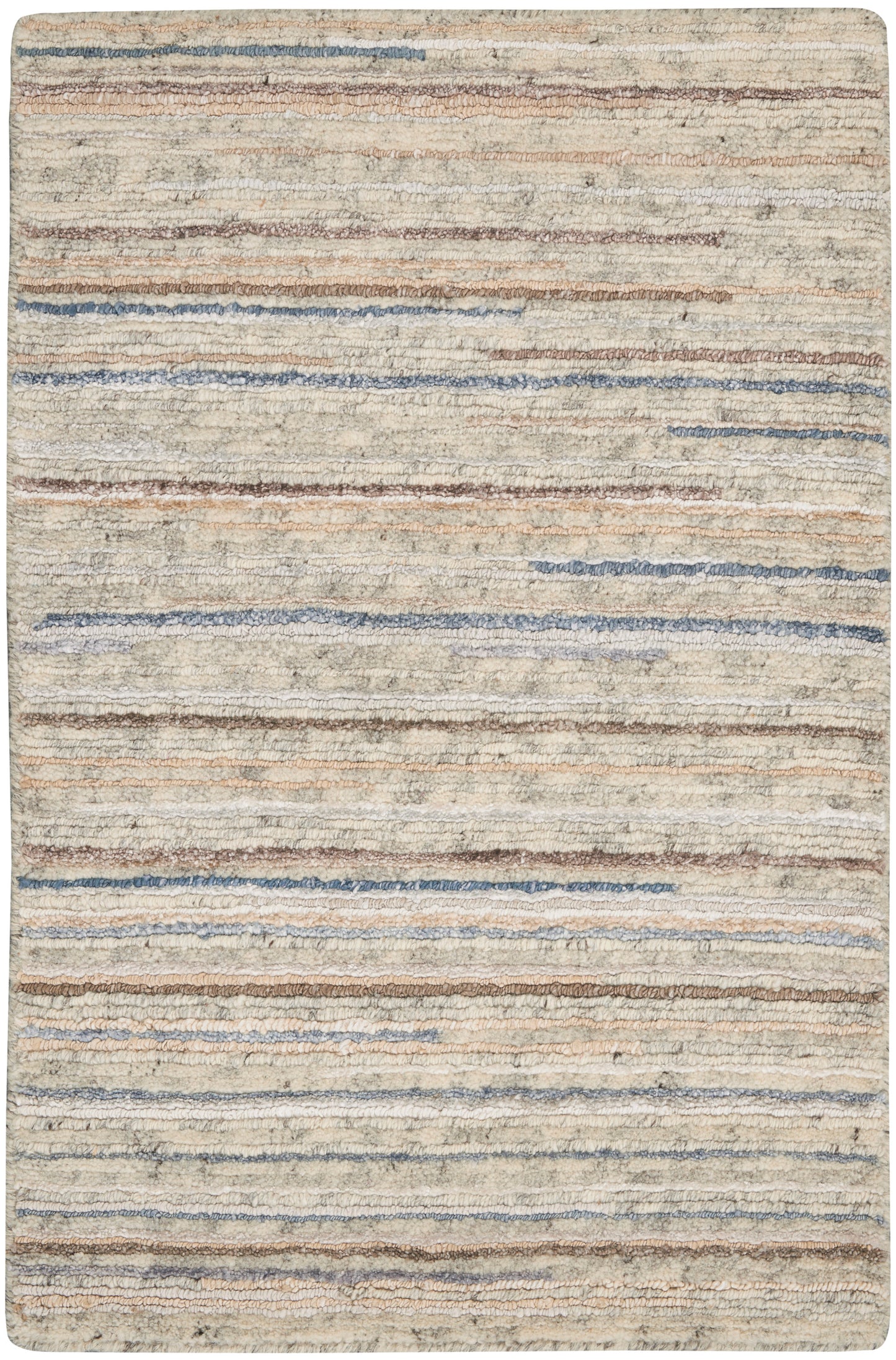 Beige shag area rug with thin blue, taupe and brown horizontal stripes; plush, textured, contemporary style.