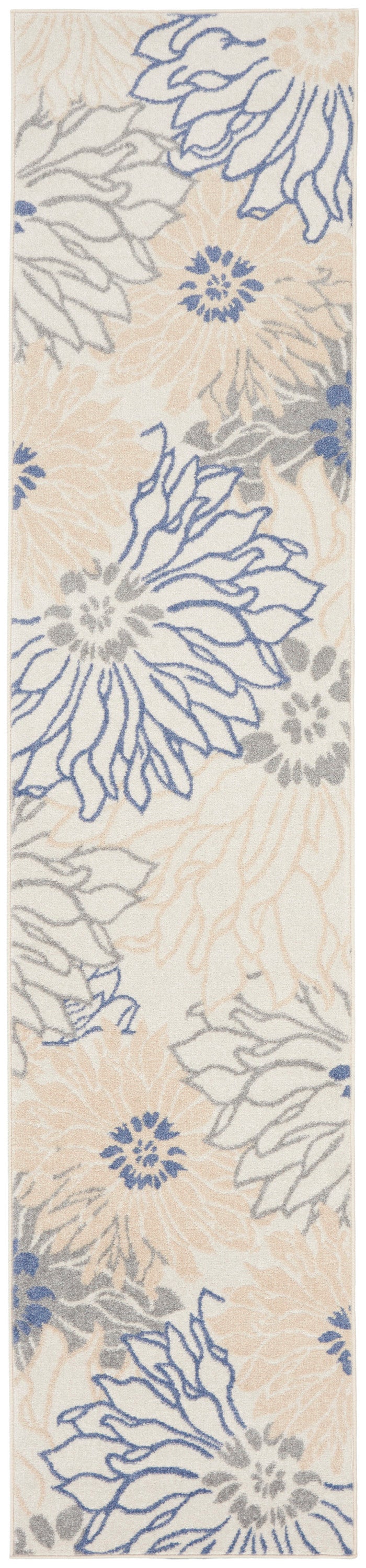 Runner rug with oversized blue-outlined floral motifs in peach, gray, and ivory on cream background.