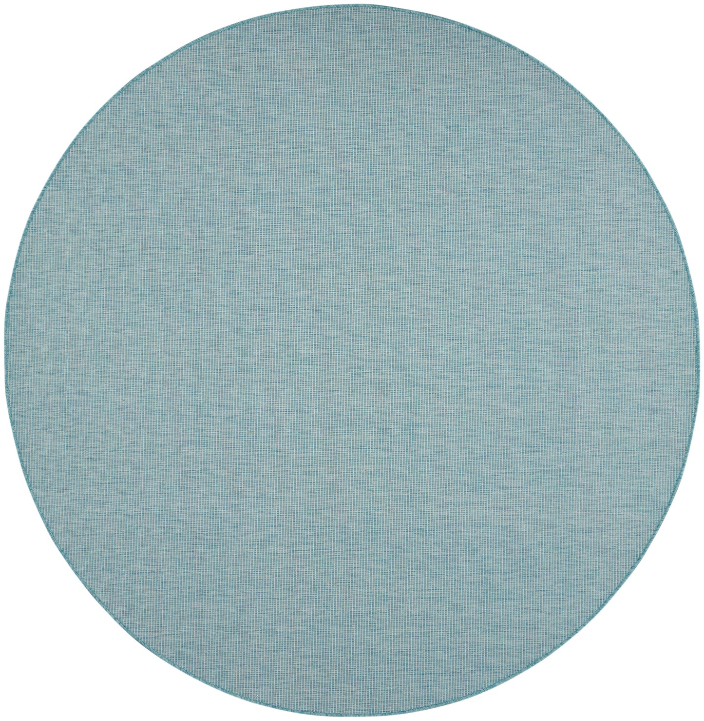 Round teal-blue woven rug with fine grid texture and stitched edge.
