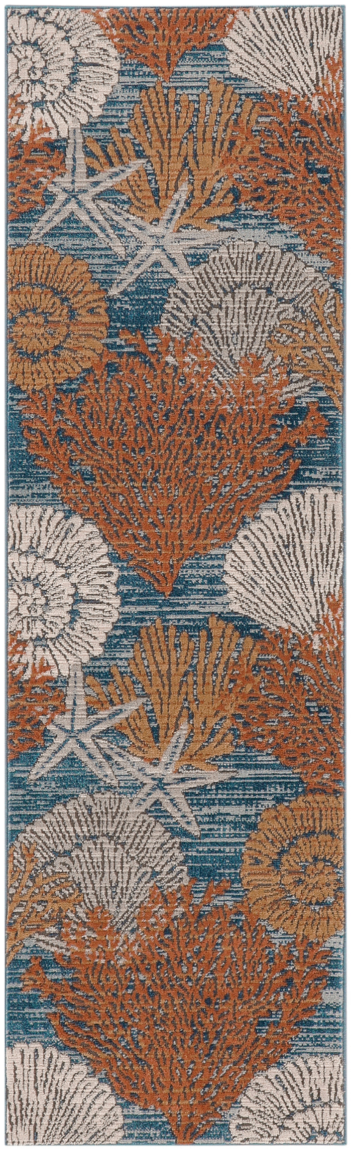 Coastal runner rug with teal ocean backdrop, orange coral, and white seashell motifs in woven texture.