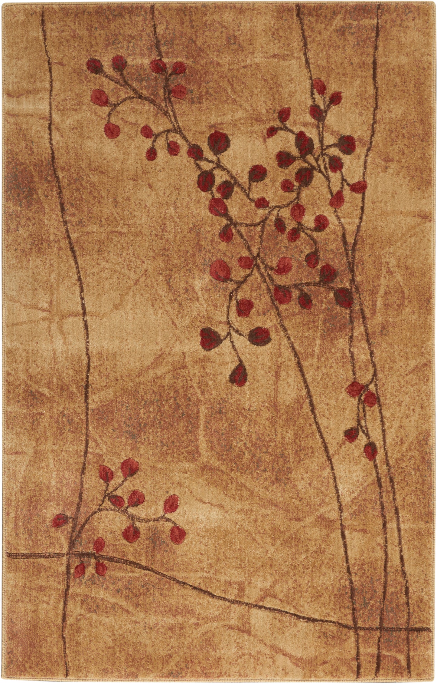 Beige rectangular rug with brown branch motifs and red berry clusters; plush, nature-inspired design.