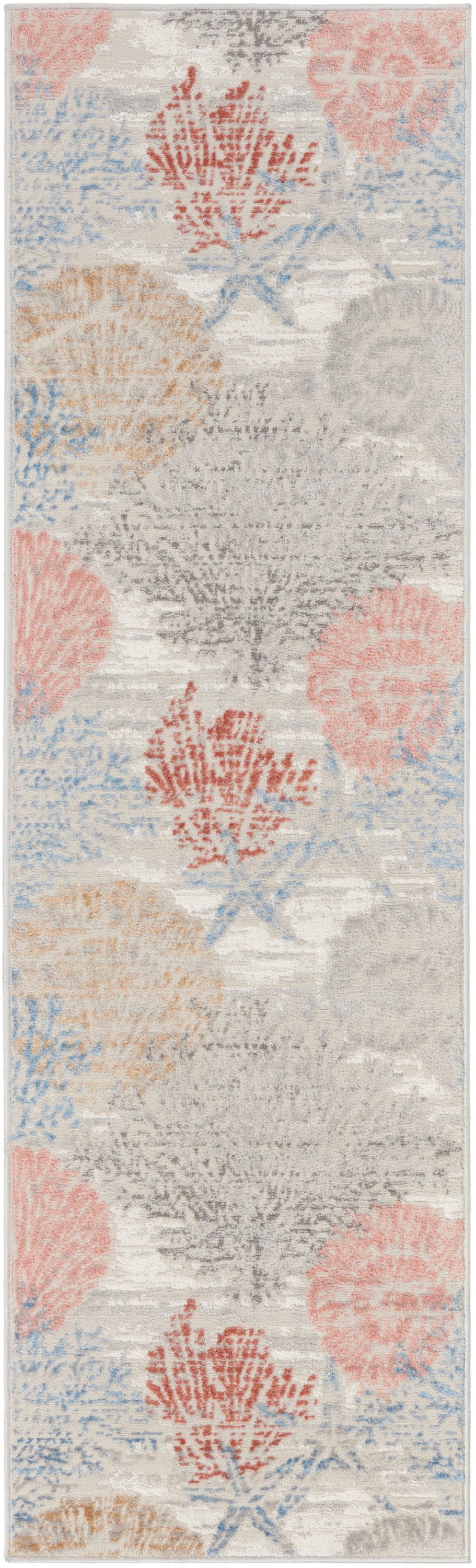 Soft neutral runner rug with abstract watercolor florals in coral, peach, blue & gray.