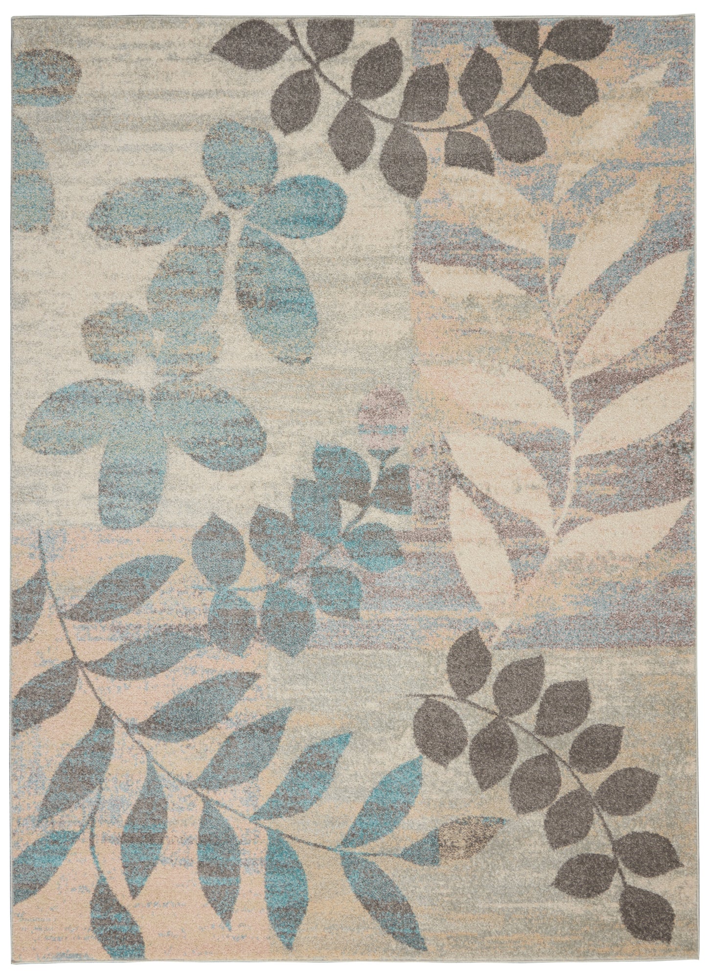 Rectangular area rug with teal and blue leaves on a beige background; gradient botanical pattern.