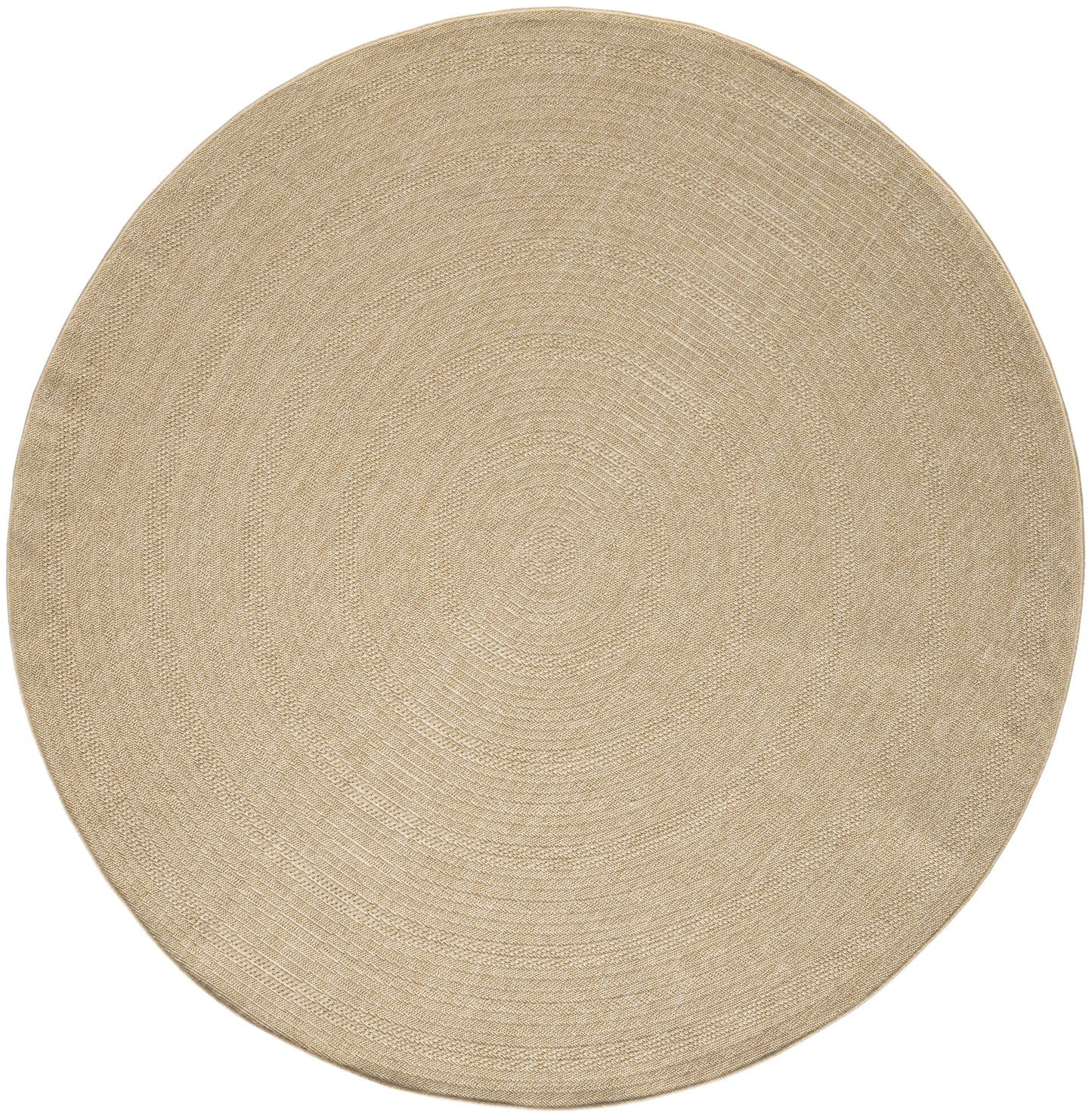 Round natural jute rug in beige with woven concentric rings; flat-weave, casual coastal style.