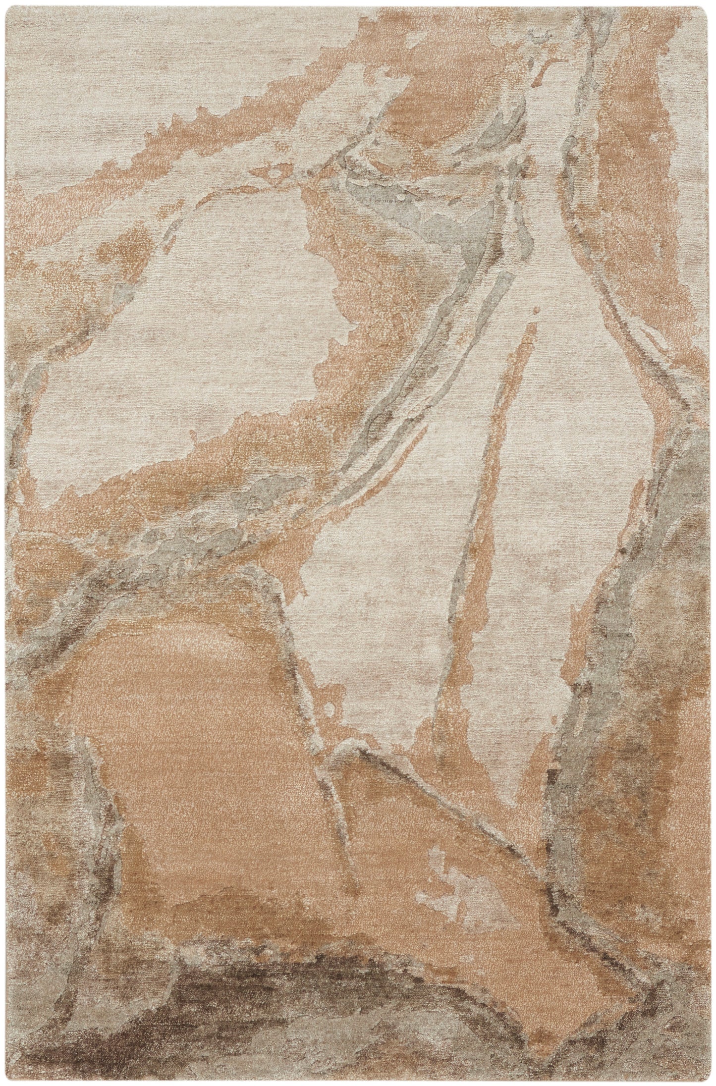Rectangular area rug in beige, tan, and gray with a marble-like abstract pattern.
