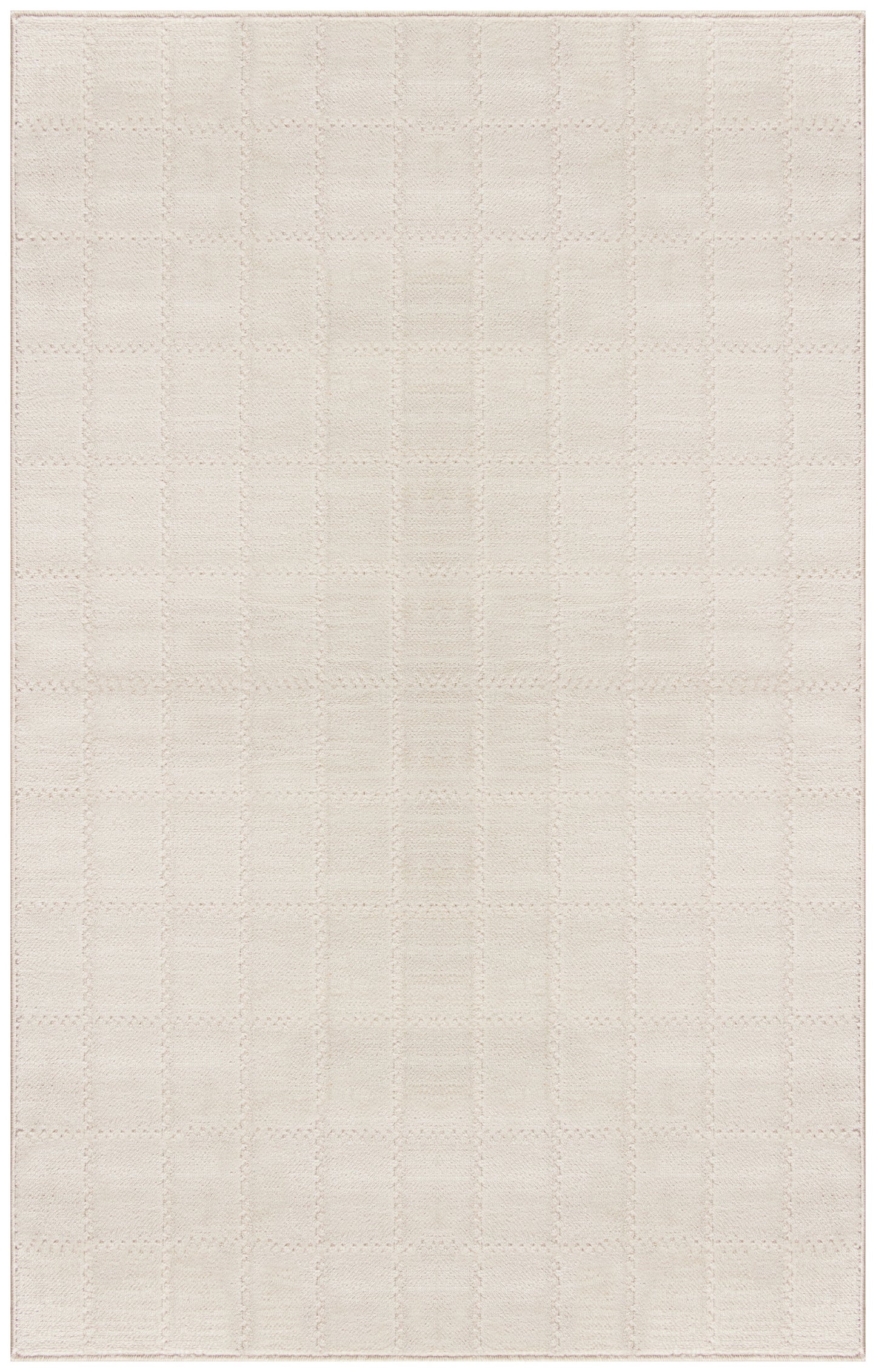 Beige rectangular rug with a subtle grid of small square textures for a soft, neutral look.