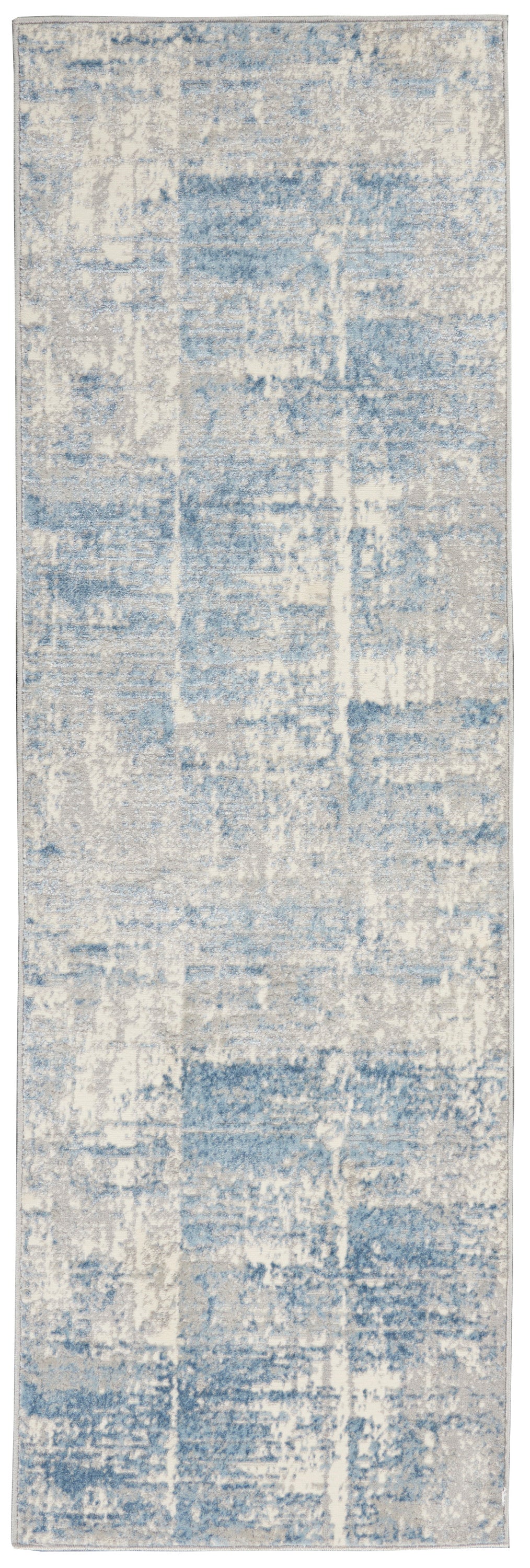 Blue and cream distressed abstract patchwork runner rug; soft woven texture, ideal for hallways or narrow spaces.