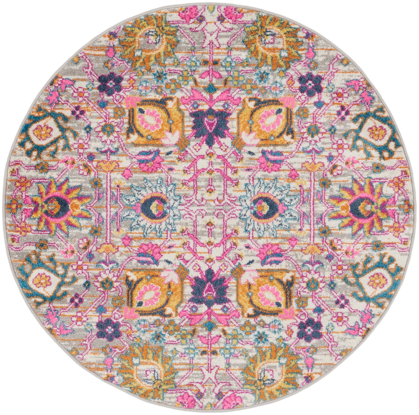 Round rug featuring a vibrant Persian-style floral pattern in pink, teal, orange on a beige background.