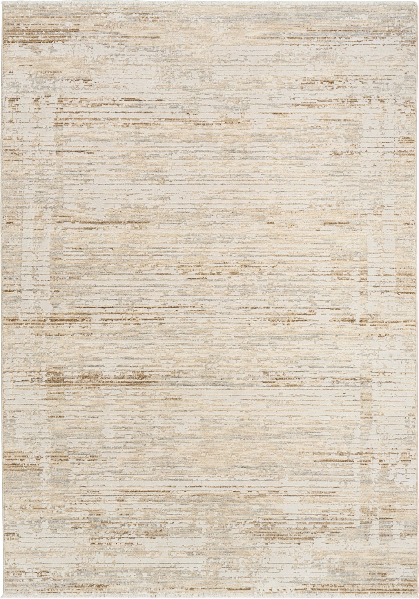 Beige cream distressed area rug with tan linear streaks; neutral rectangular decor piece.